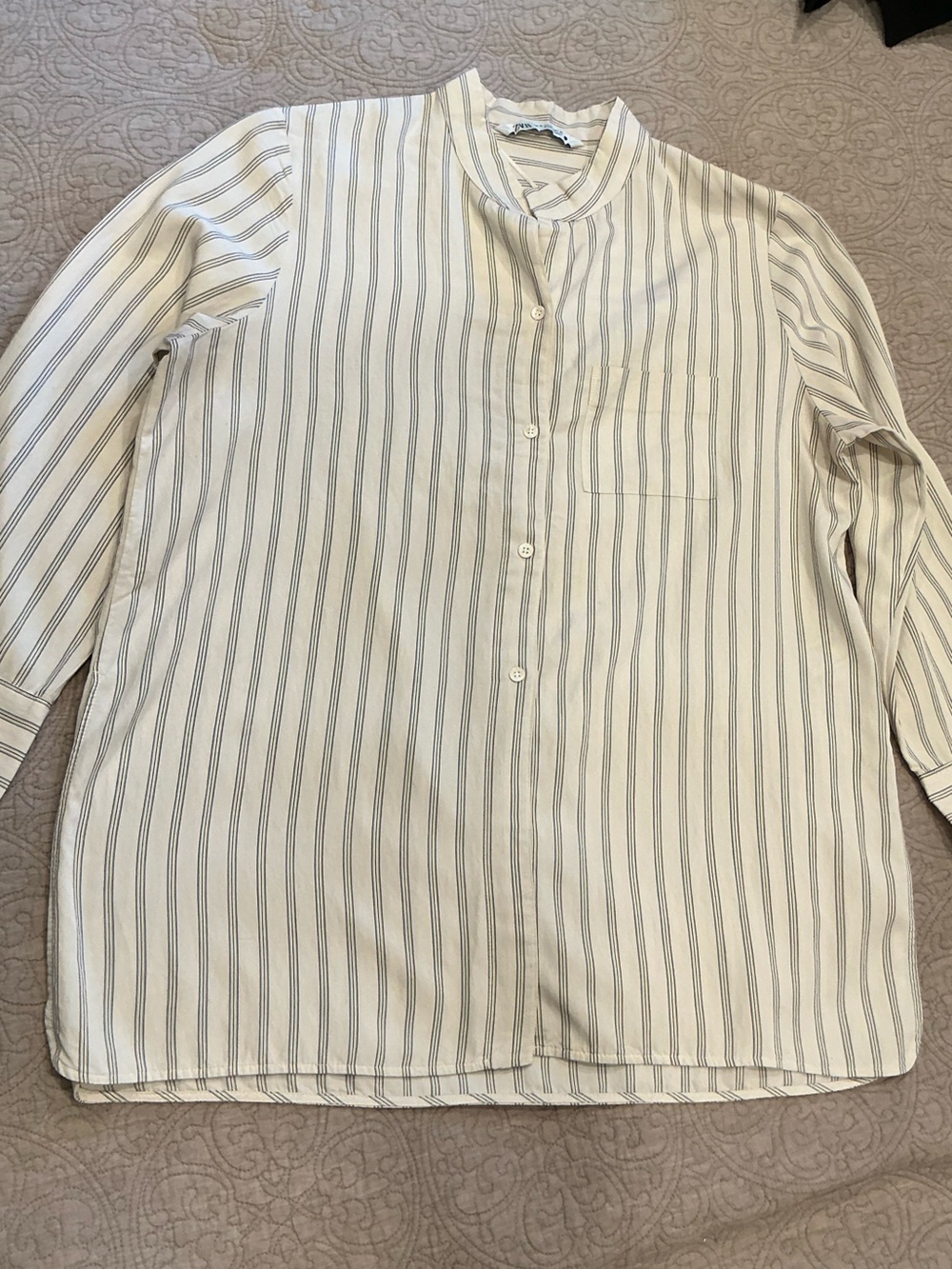 Zara women Cream and Gray Vertical Stripe Button-Down Shirt
